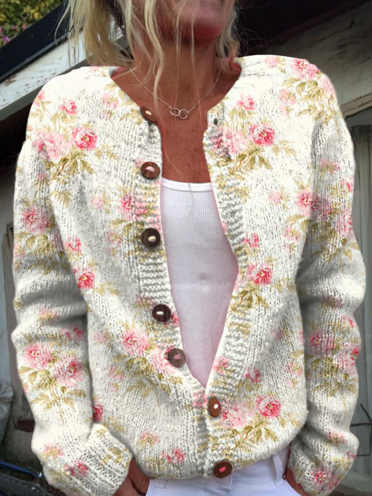 Vantini™ | Cardigan con Bottoni e Stampa di Fiori Rosa Freschi e Foglie Verdi