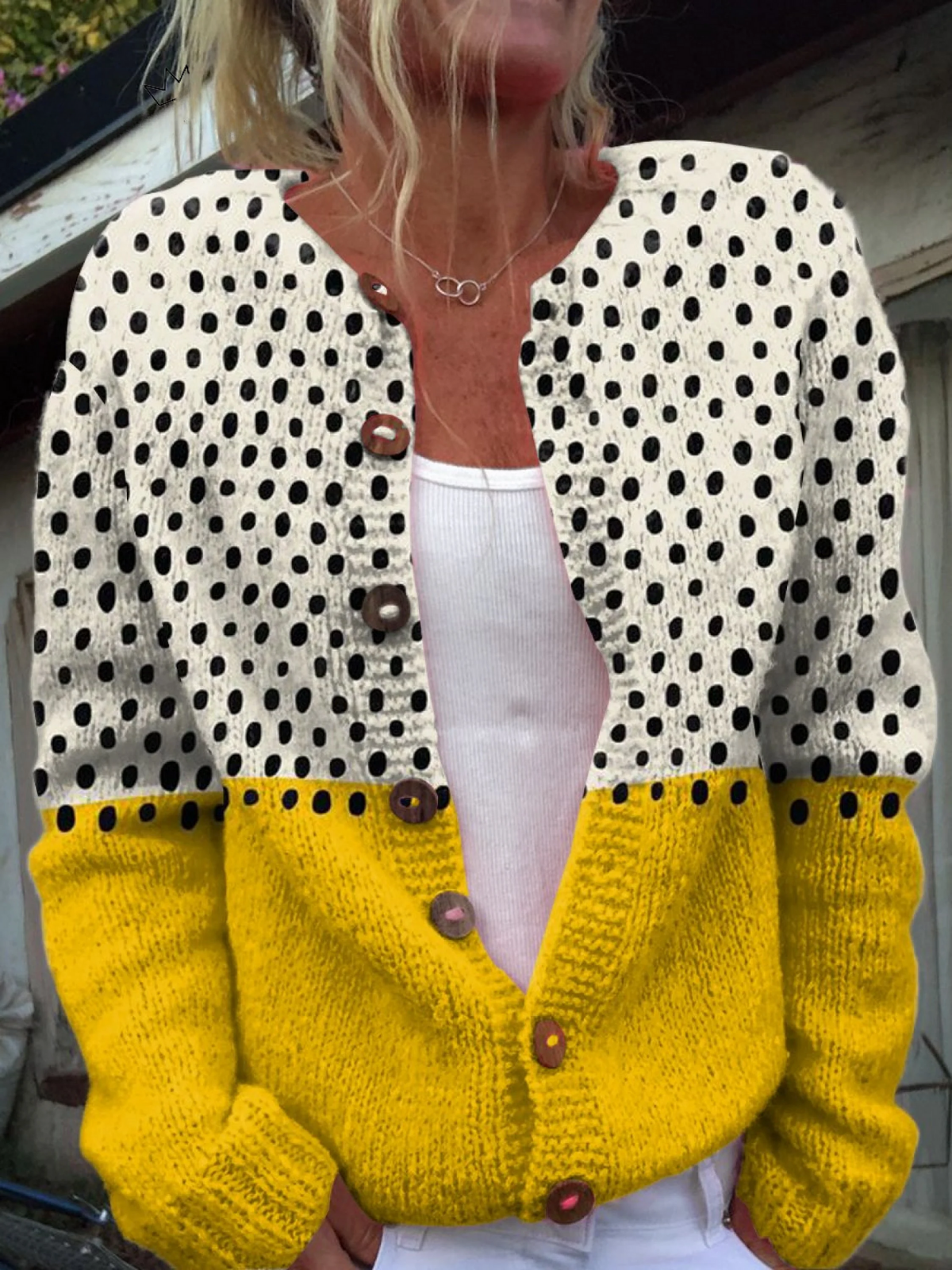 Vantini™ | Cardigan con Bottoni a Pois Geometrici Gialli