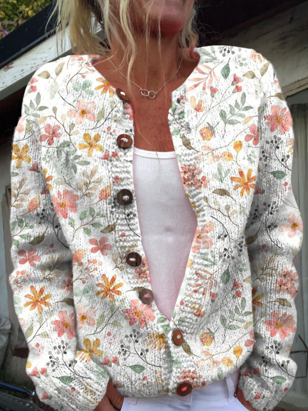 Vantini™ | Maglione Cardigan Bottonato con Stampa di Fiori Piccoli e Freschi