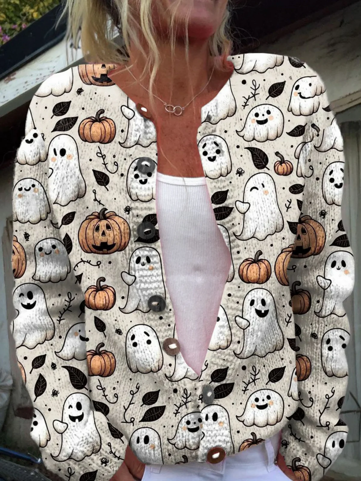 Vantini™ | Stampa Artistica di Fantasmi Divertenti per Halloween - Cardigan a Bottoni