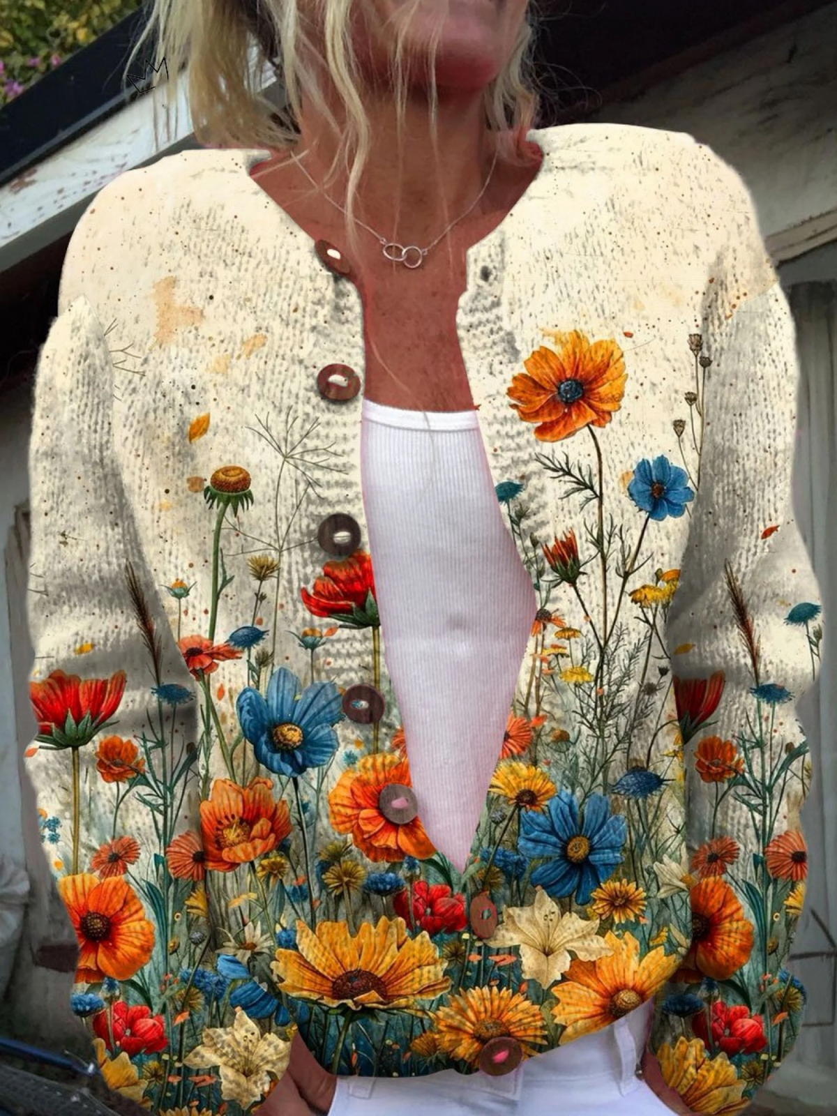 Vantini™ | Cardigan Sweater Buttoned con Stampa di Fiori Vintage